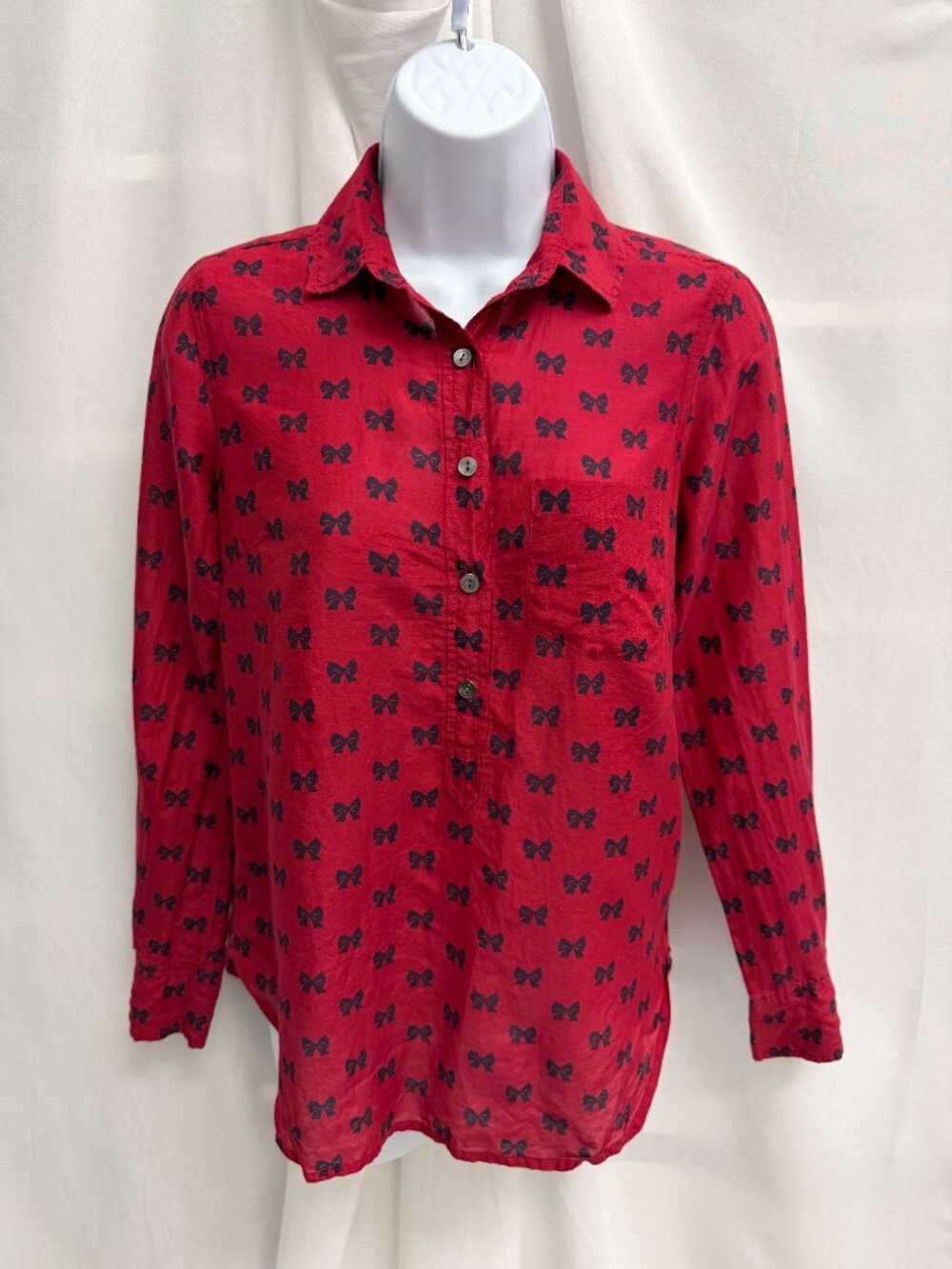 J.Crew Silk Cotton Bow Print Shirt Red Navy Blue Henley Button Up Top Size 00